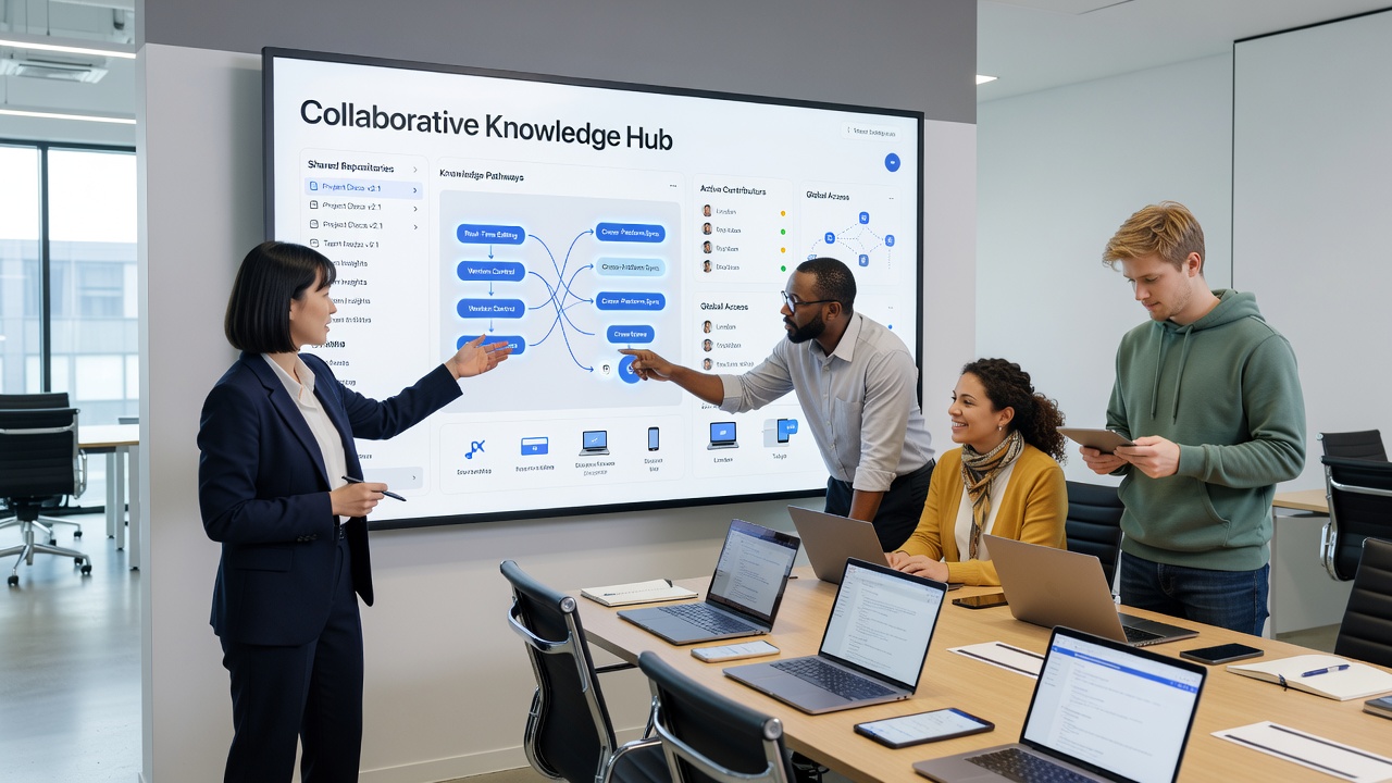 Team members reviewing shared knowledge bases on multiple devices during a distributed work session